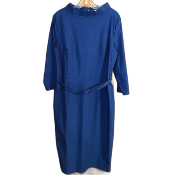 NWT Muxxn Modest Midi Dress Women 2XL High Neck Royal Blue Fitted Belt Minimal - Picture 2 of 14